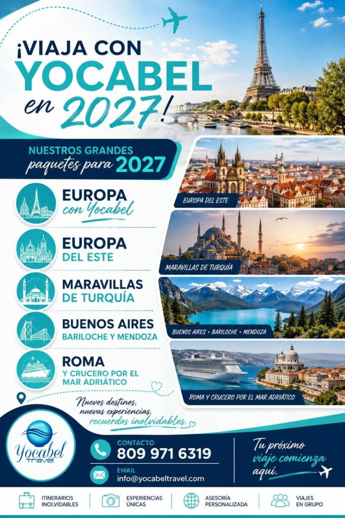 Prepárate para el 2027 con Yocabel Travel, tu agencia con más de 30 años de experiencia en Santiago. Diseñamos los mejores viajes grupales e internacionales con planes de pago en cuotas. Reserva tu próximo destino con anticipación y viaja sin preocupaciones.